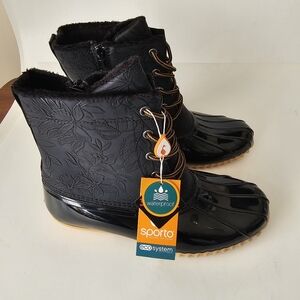 New Sporto Womens Bella Black Waterproof Duck Boots Leather Floral Print 10